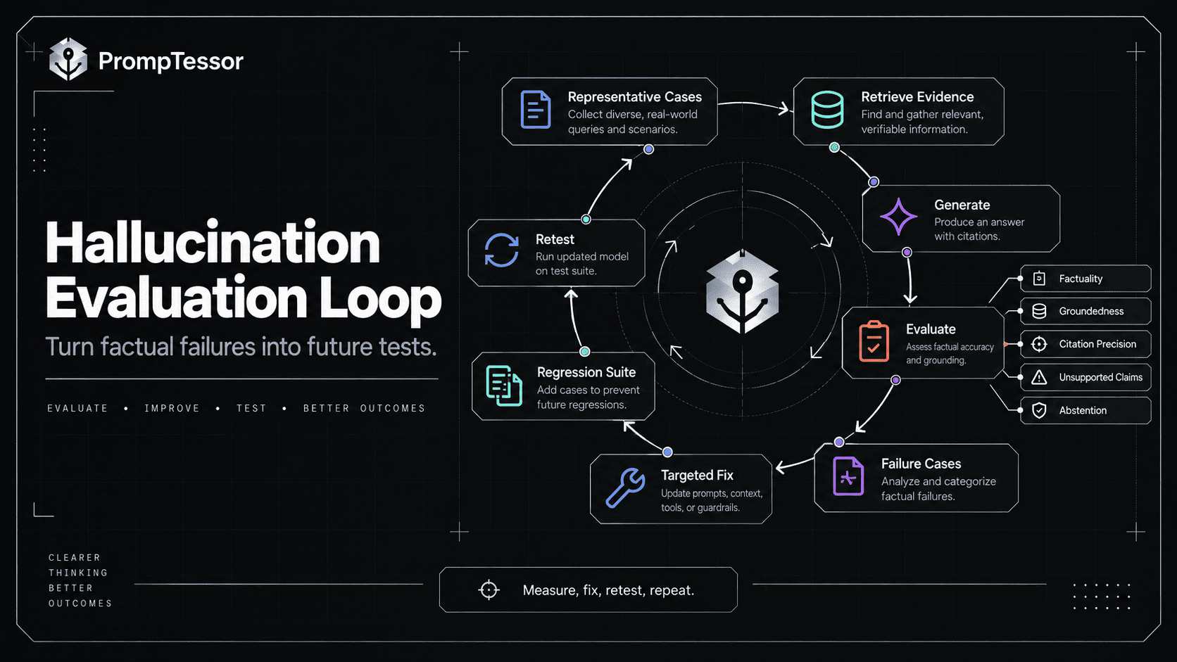 AI hallucination evaluation loop measuring retrieval quality groundedness factual accuracy citation precision unsupported claims abstention and regression testing