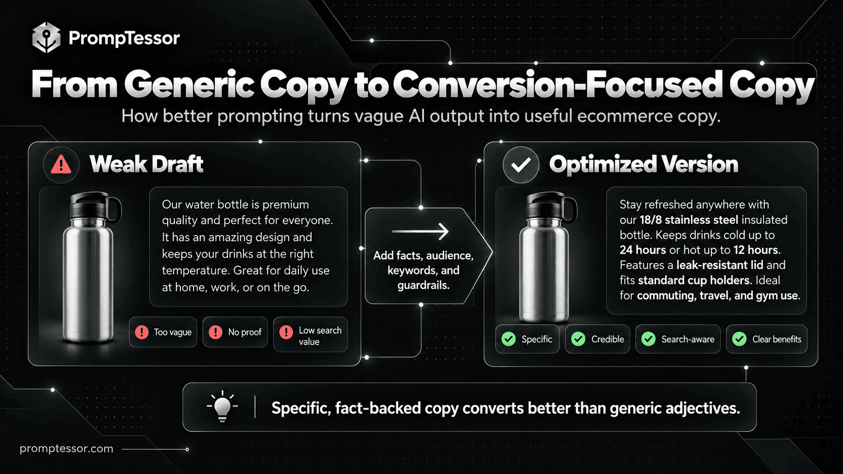 Side-by-side weak versus optimized AI product descriptions showing vague exaggerated claims replaced with fact-backed specific ecommerce copy