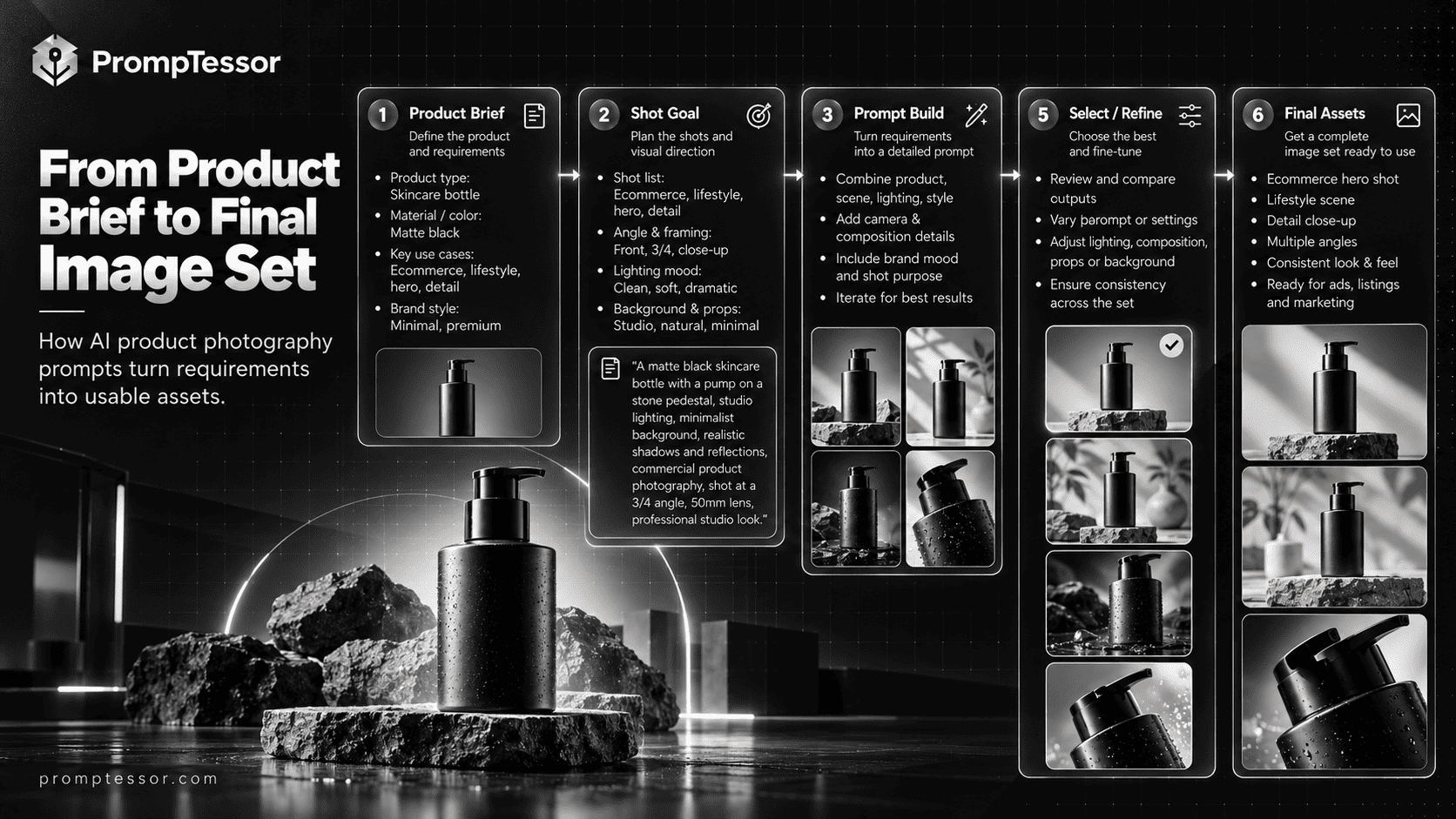 Anatomy of a product photography prompt showing SKU identity references camera lighting scene composition preservation constraints and output verification