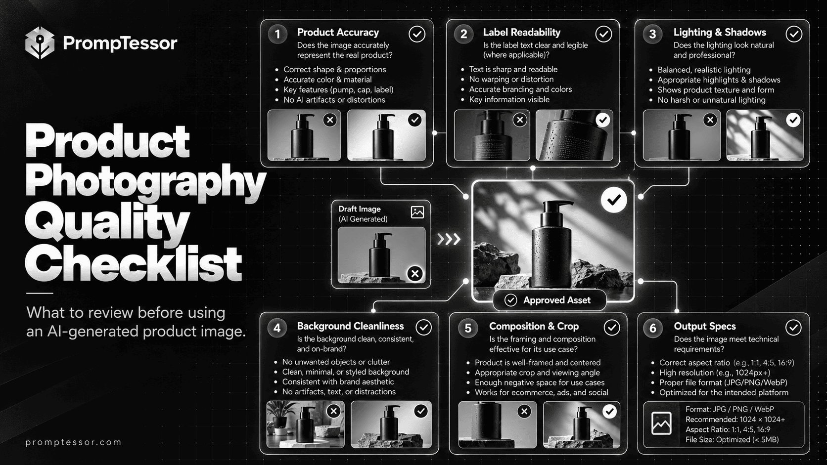 AI ecommerce product image quality checklist covering SKU match label text color geometry marketplace policies provenance and ad truthfulness