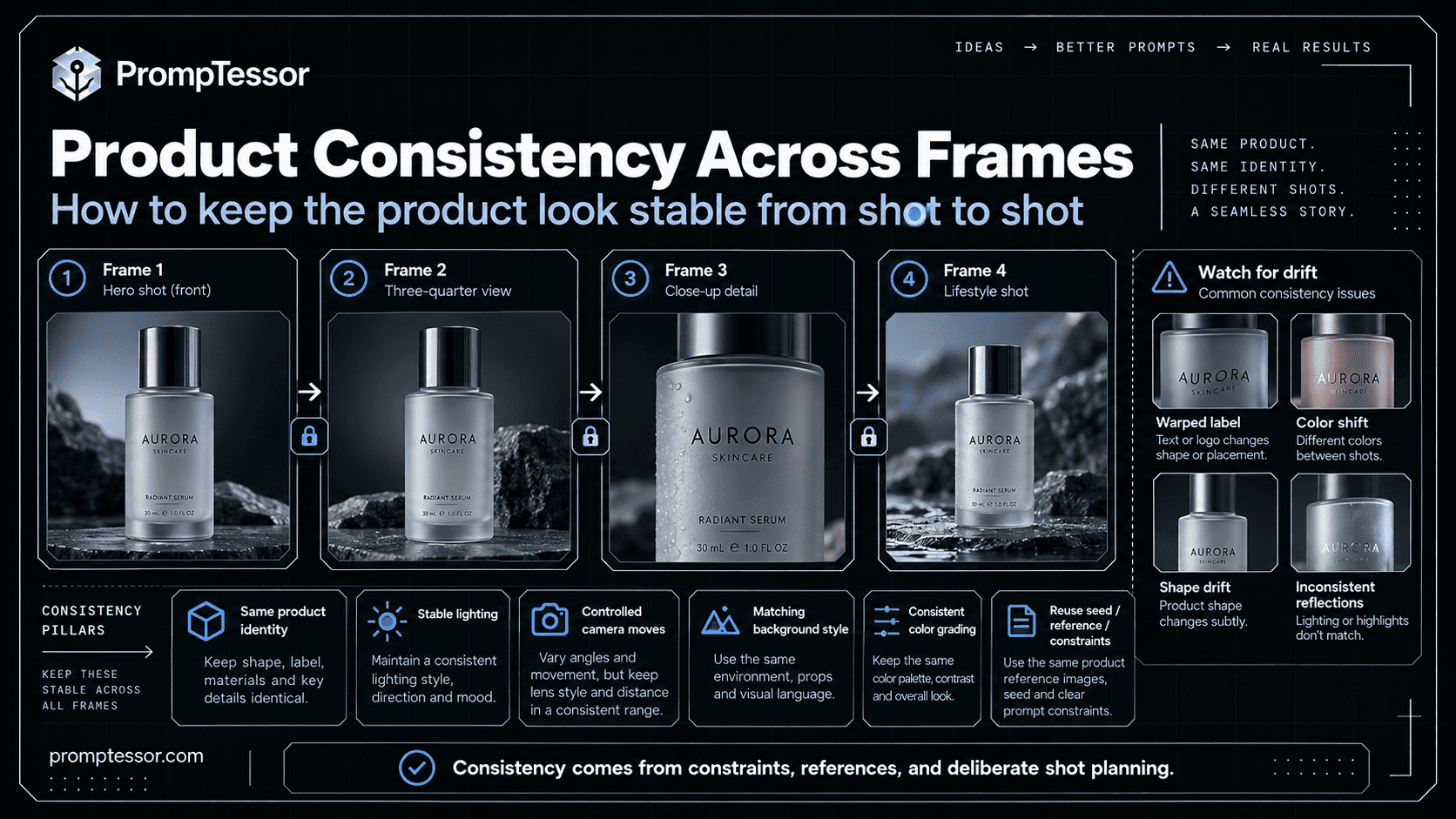 Product video frame by frame identity consistency check comparing an approved product image and generated frames for logo packaging color shape and material