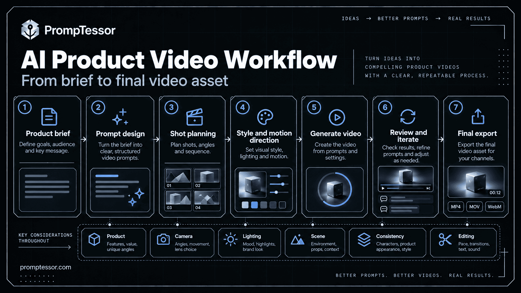 AI product video production workflow from verified product assets to storyboard video prompts generation editing and commercial quality checks