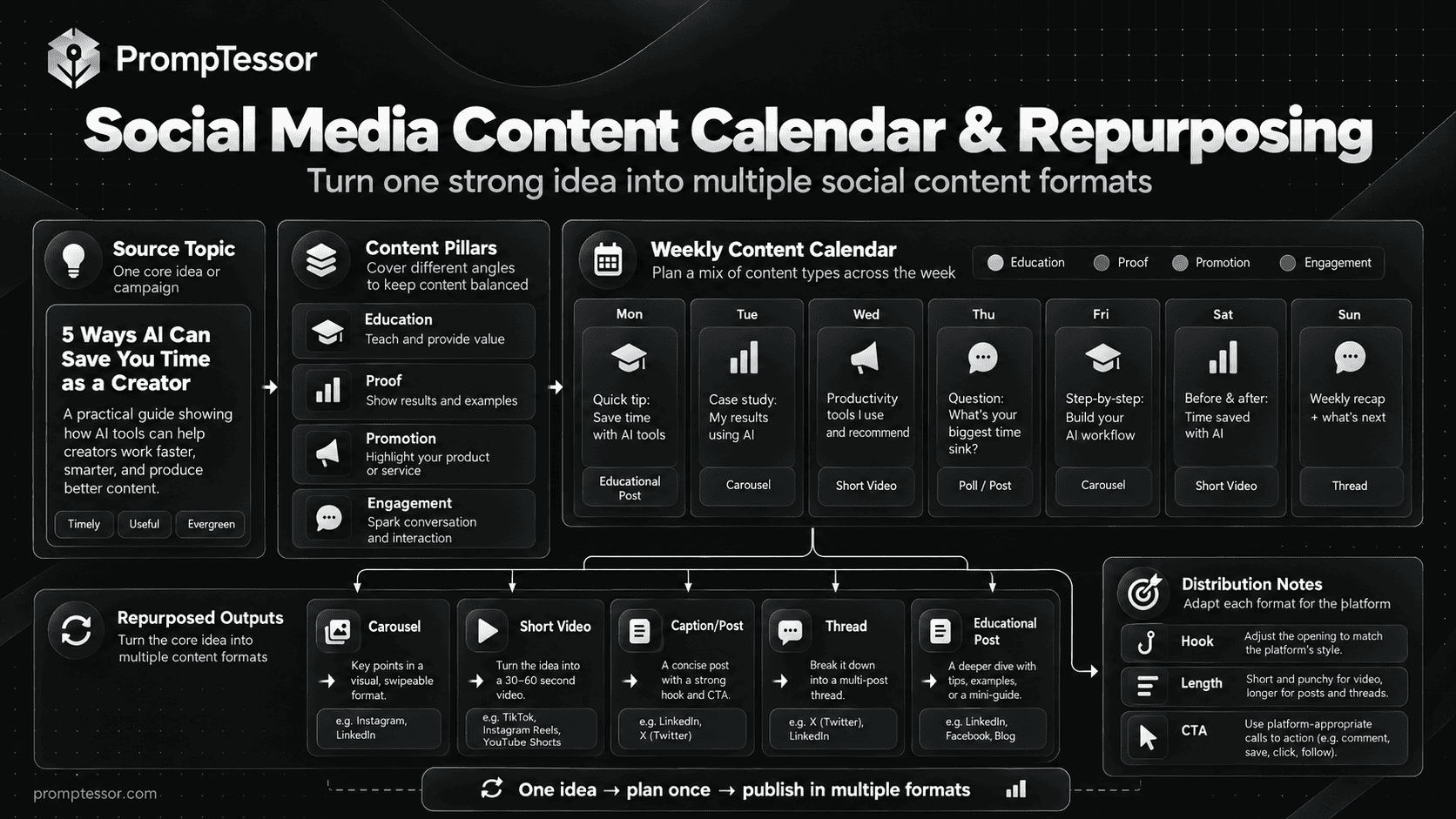 Social media content calendar and repurposing flow showing one source topic adapted into carousel video caption and educational posts