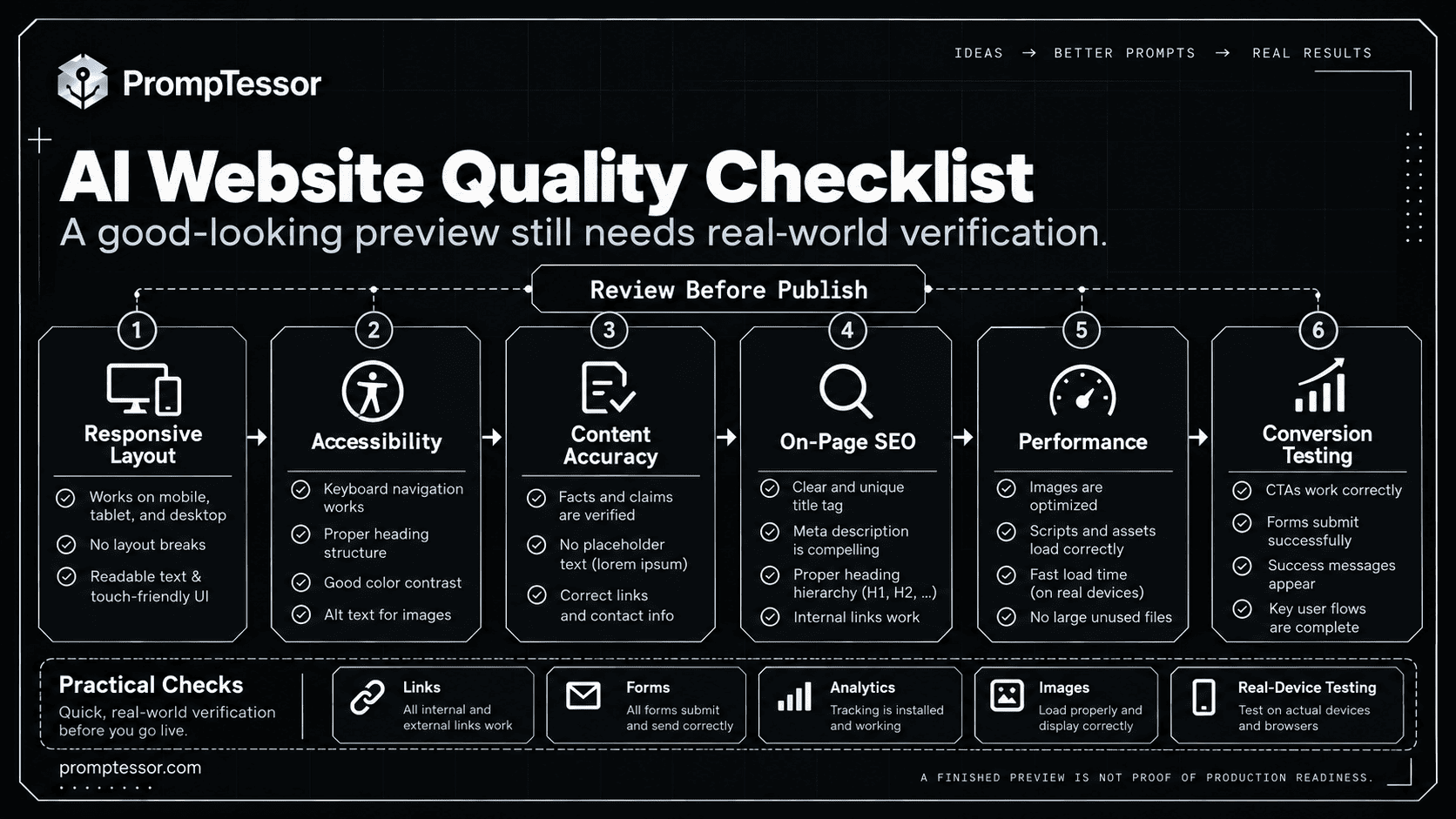 AI website quality review checklist including responsiveness accessibility SEO content accuracy performance and conversion testing