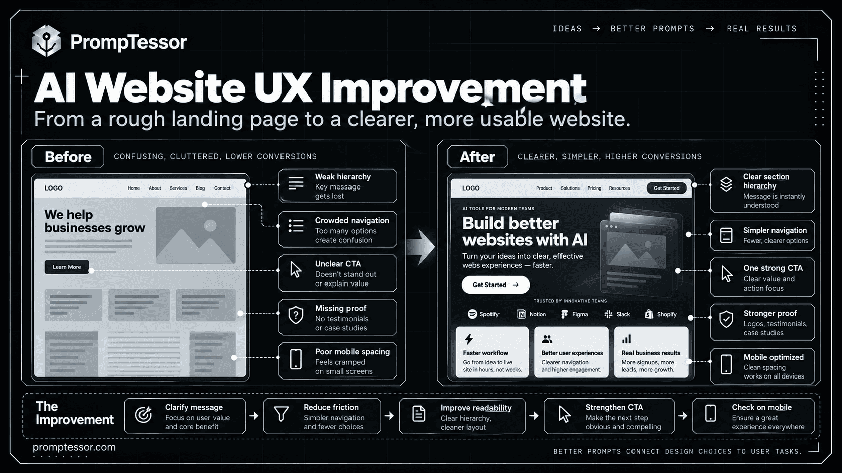 Website design and UX improvement showing a rough landing page and an improved responsive accessible page with clearer navigation hierarchy and CTAs