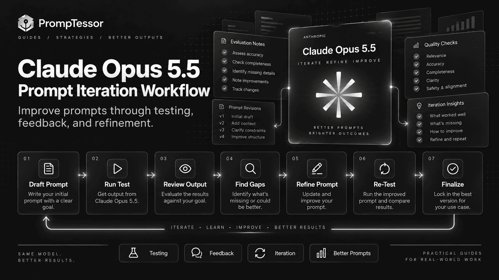 Claude Opus 5.5 prompt iteration workflow showing baseline evaluation failure diagnosis prompt revision effort tuning retesting and regression testing