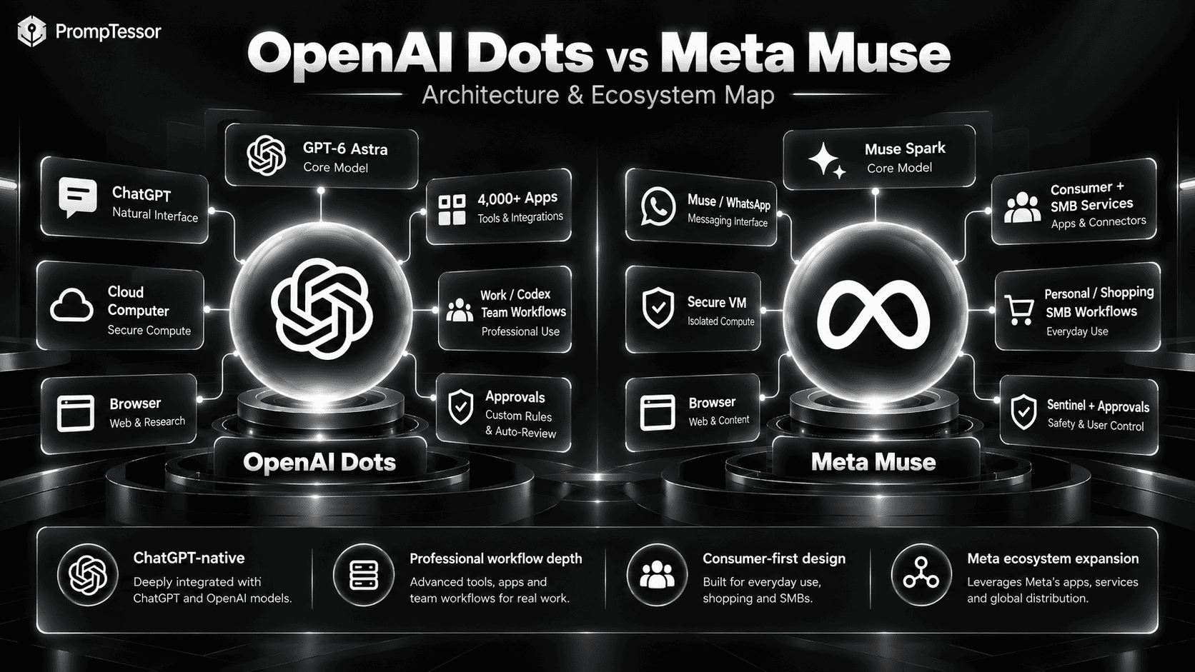 Architecture comparison showing OpenAI Dots with ChatGPT cloud computer plugins Work and Codex versus Meta Muse with Muse Secure VM WhatsApp services and personal workflows