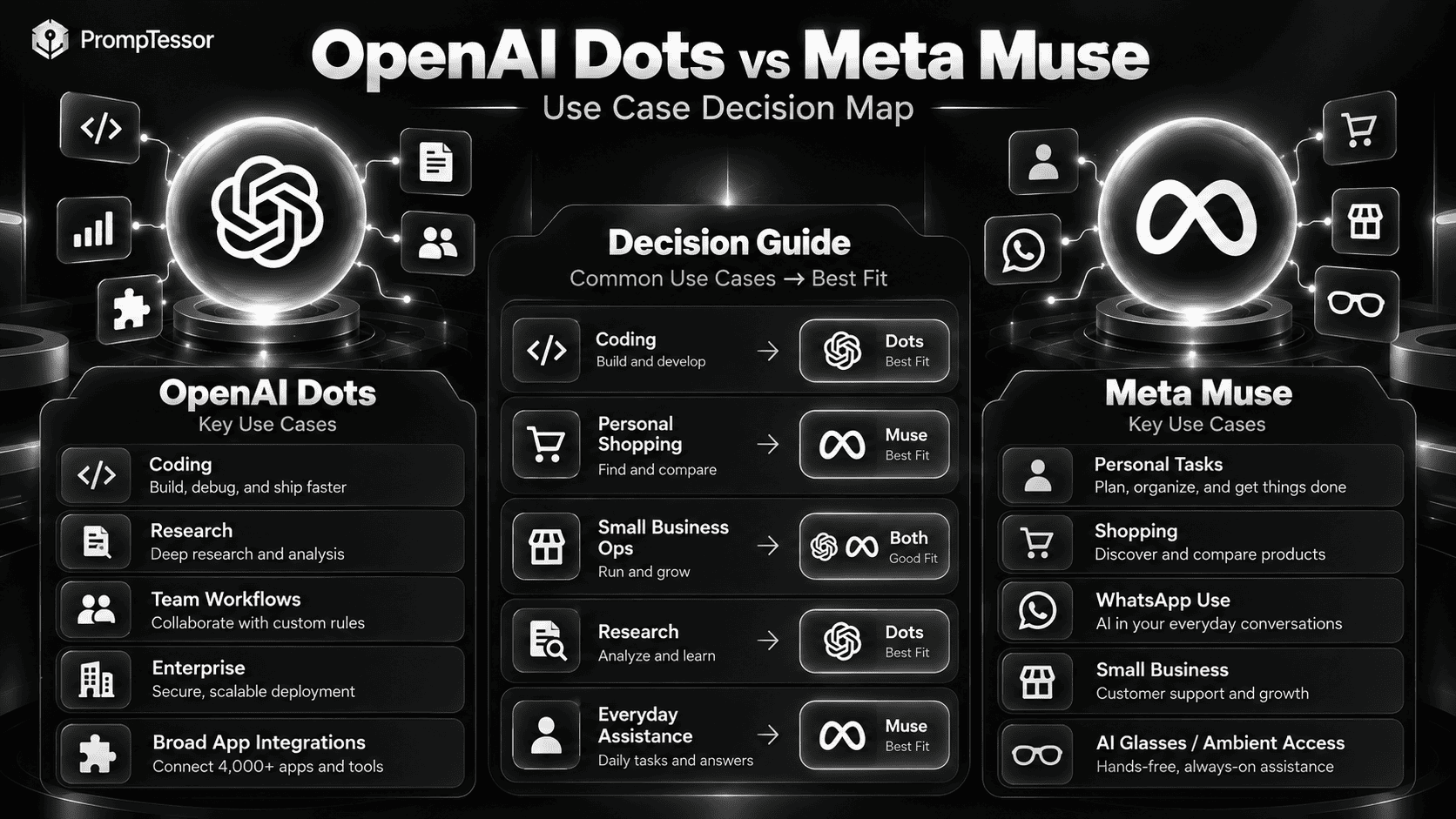 OpenAI Dots vs Meta Muse use case map for coding professional work personal tasks shopping small business research and cross-device access
