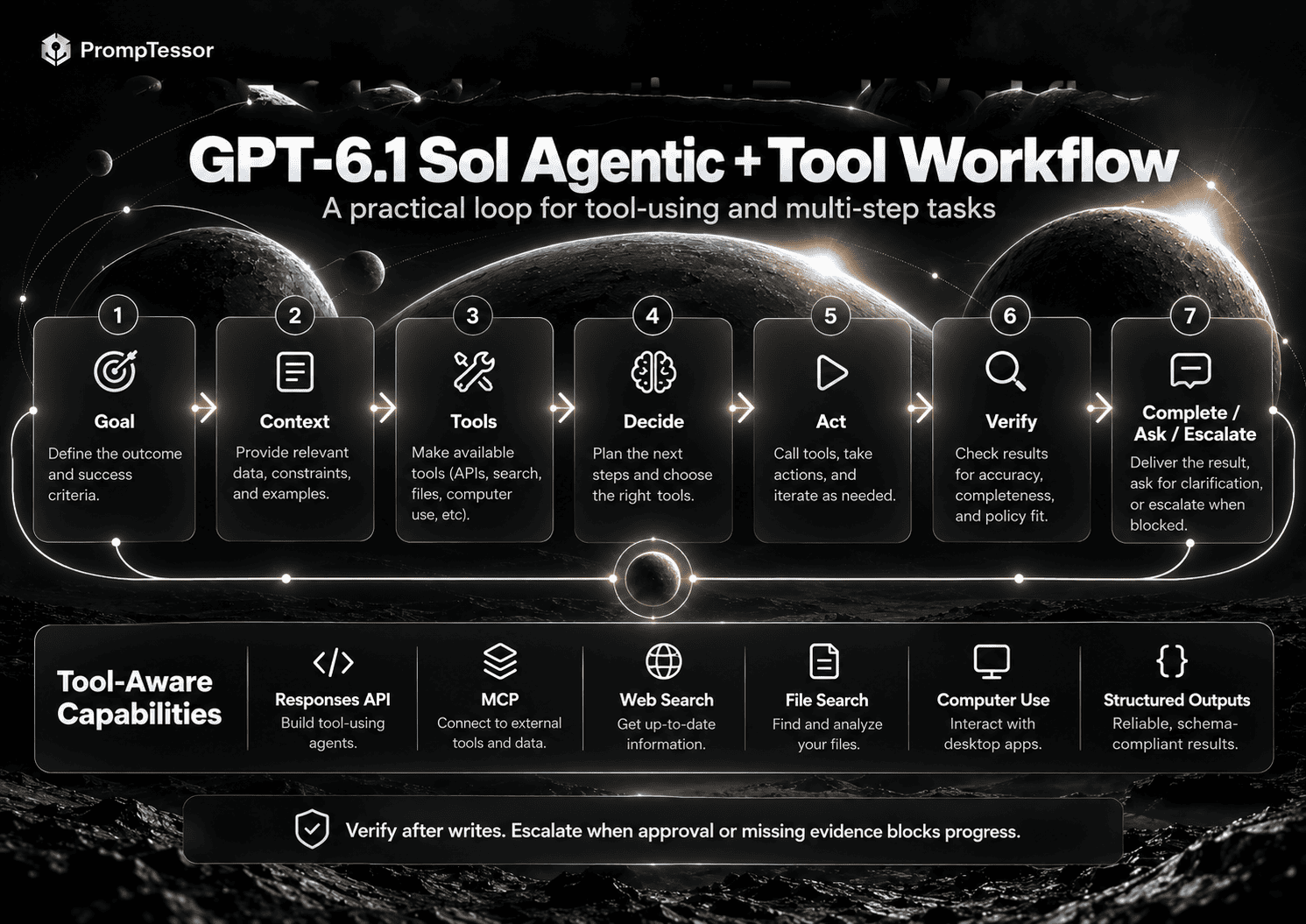 GPT-6.1 Sol agentic workflow showing goal tools actions verification approval and result