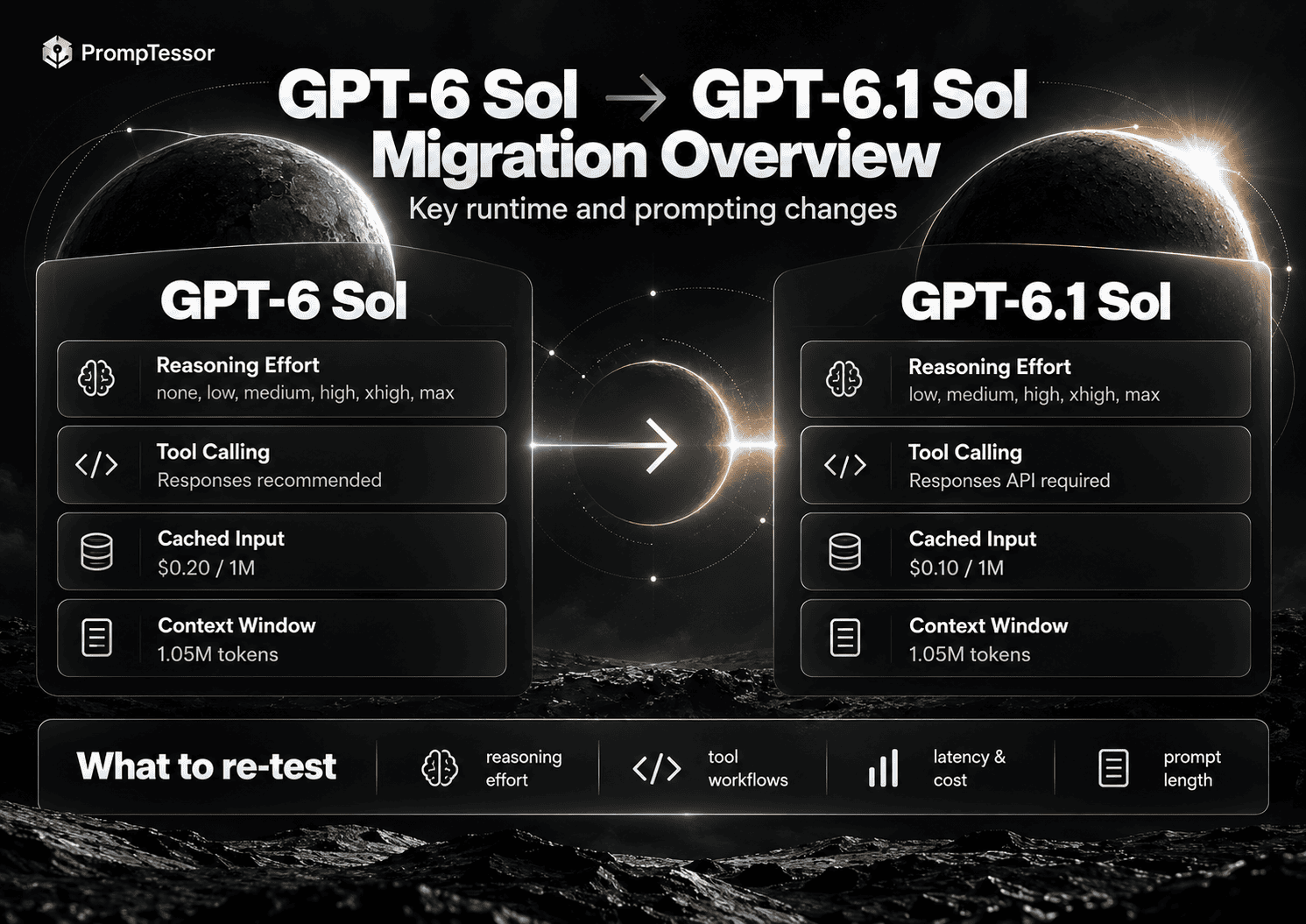 GPT-6 Sol to GPT-6.1 Sol migration overview showing reasoning effort tool calling caching and prompt changes
