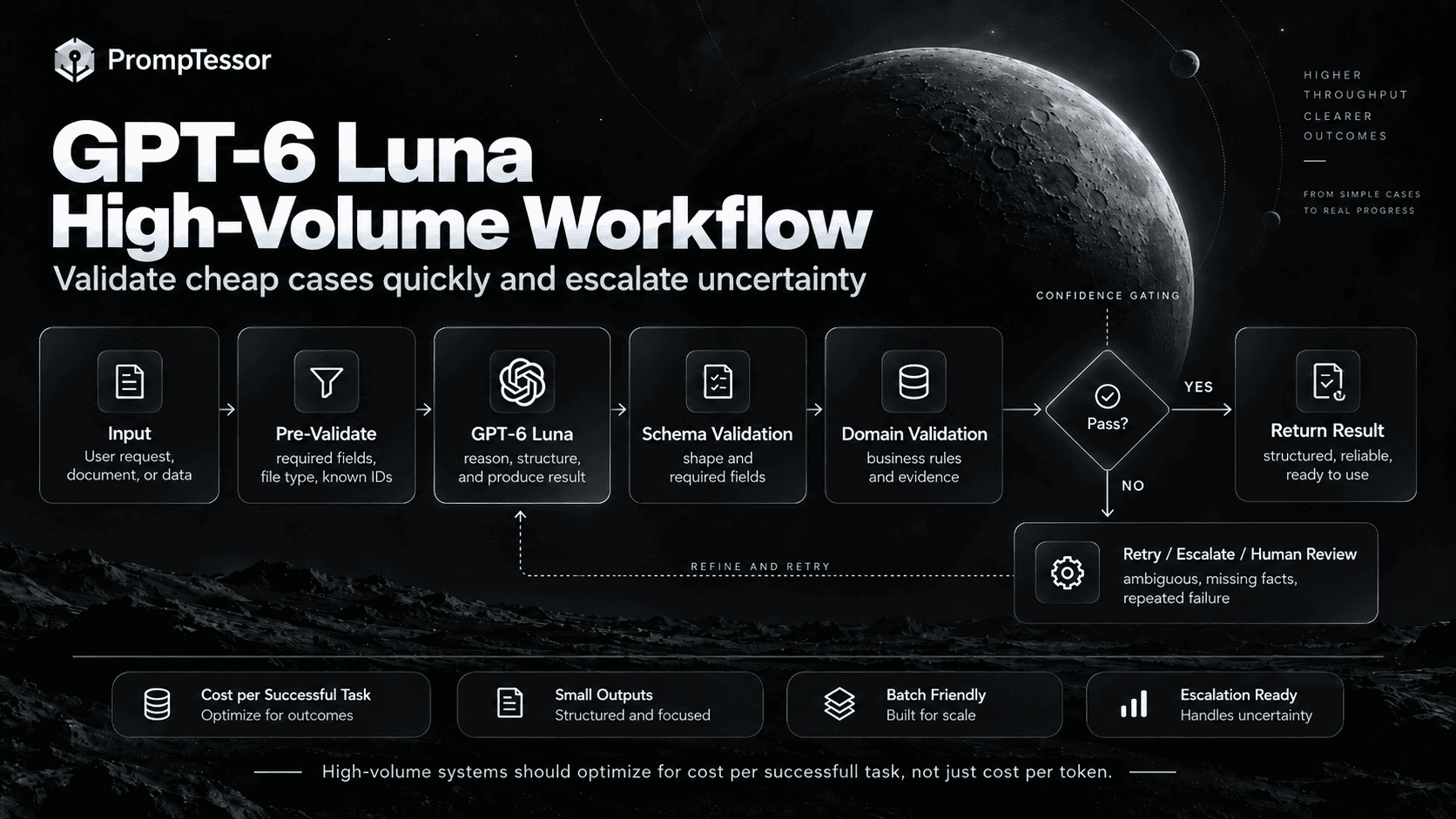 GPT-6 Luna high-volume workflow showing input pre-validation Luna structured output validation pass retry escalation and human review