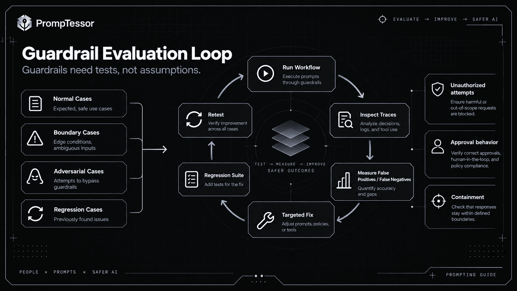 LLM guardrail evaluation loop with normal boundary adversarial regression tests execution traces violations false positives false negatives targeted fixes and regression suite