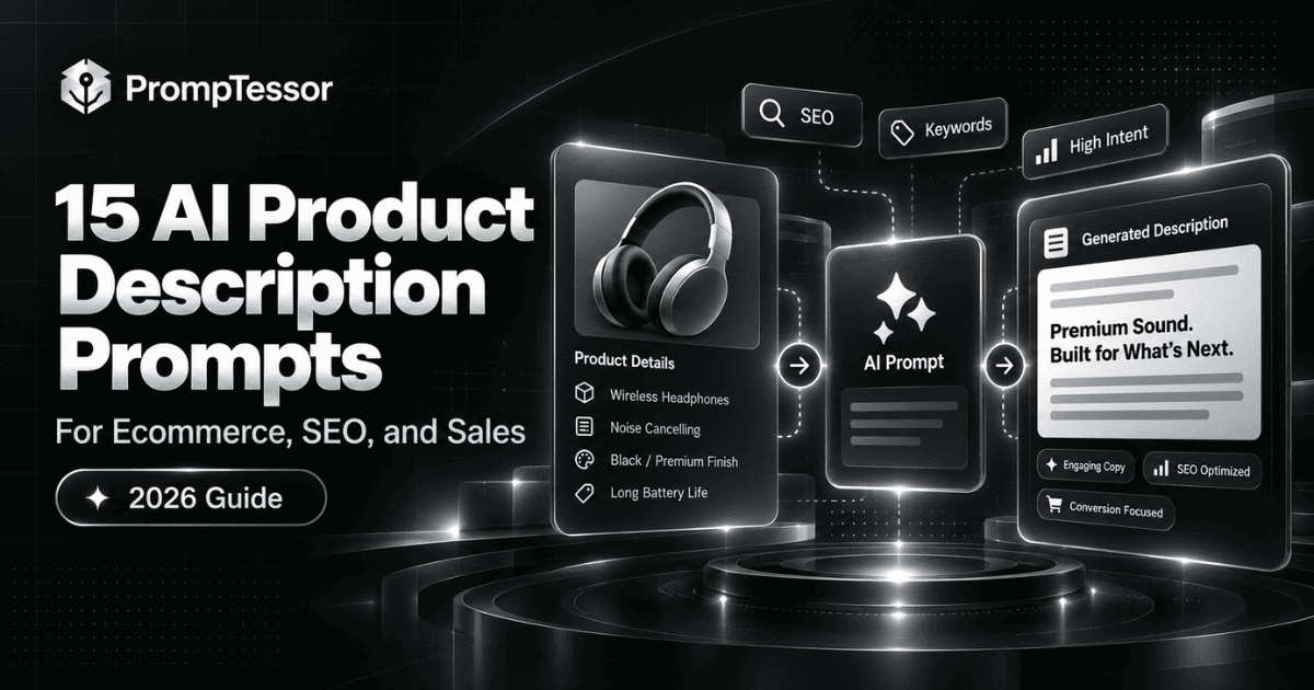 Dark monochrome editorial visual showing AI product description prompts, ecommerce listing copy, SEO, and a product information to publishing workflow