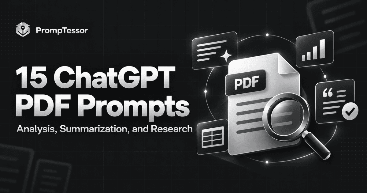 PrompTessor cover illustrating 15 ChatGPT PDF prompts for document analysis, research, summarization, data extraction, and evidence verification.